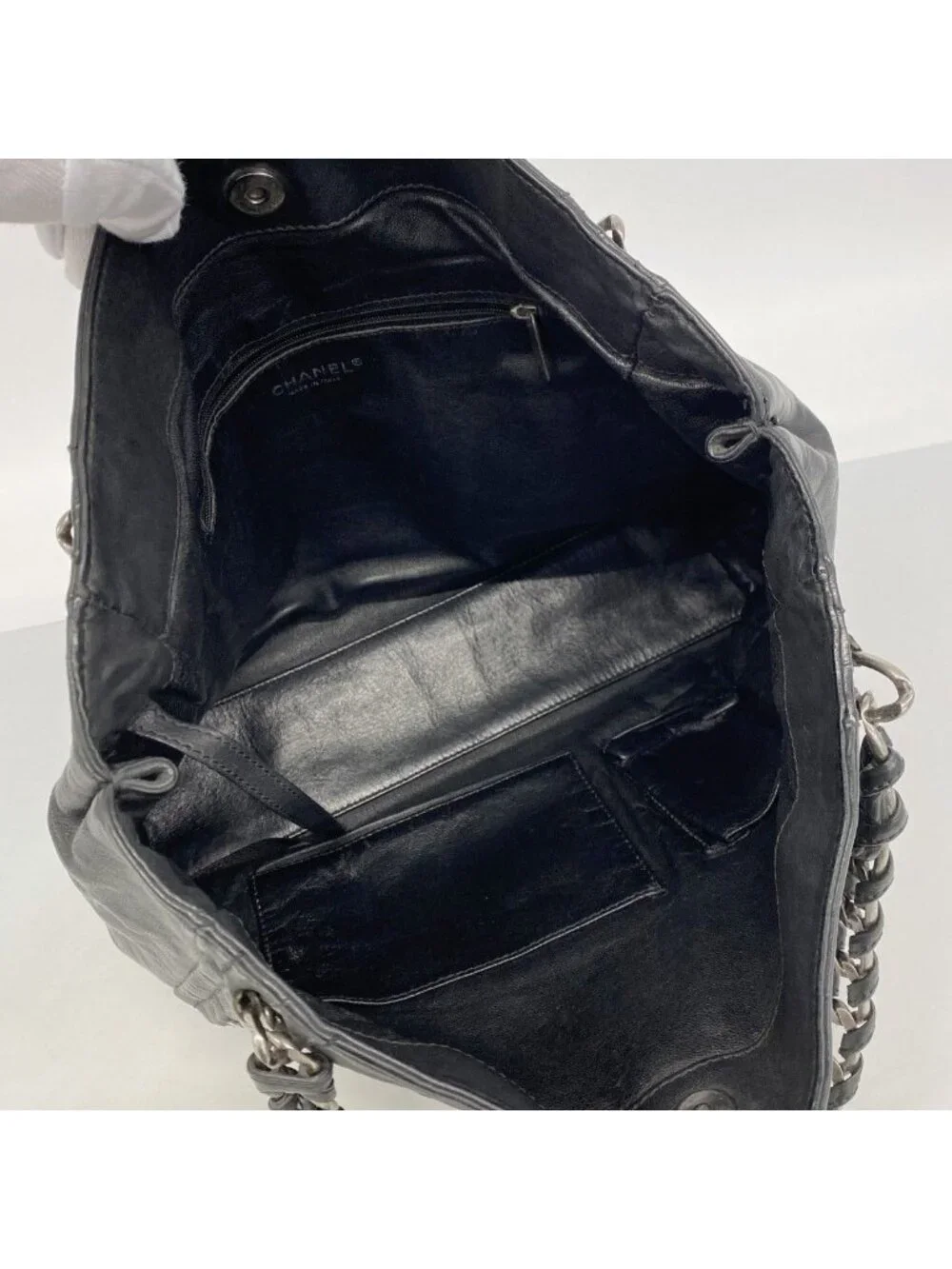 Chanel Chain Tote Leather Black Silver